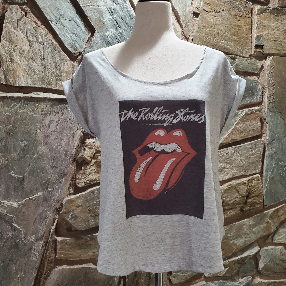 The Rolling Stones Gray Graphic Tee with Red Tongue Logo